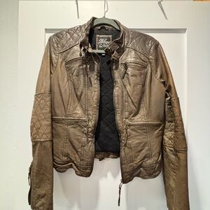 blanc noir Quilted Brown Leather Bomber Jacket